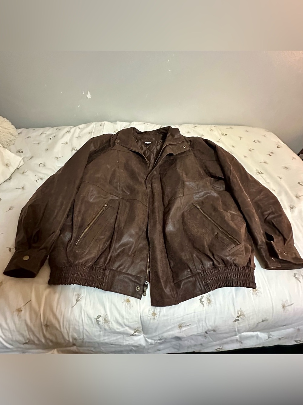 KingSize 3XL Big Brown Leather Bomber Jacket Full Zip Quilted Lining
